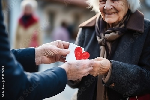 elderly woman on the street is given a red heart on Valentine's Day