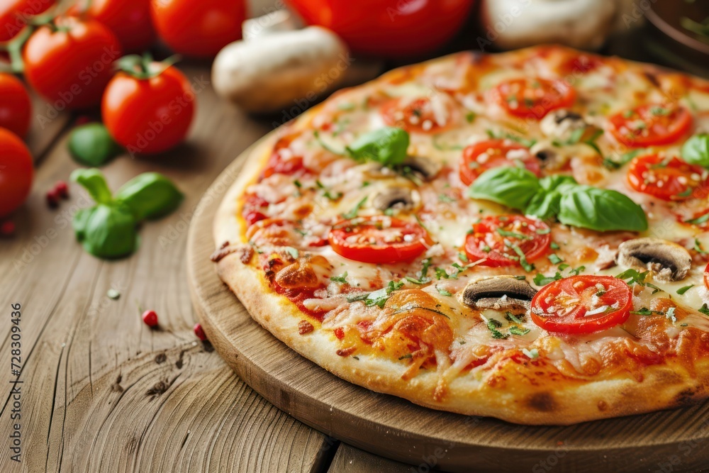 Fresh pizza with tomatoes, cheese and mushrooms on wooden table closeup