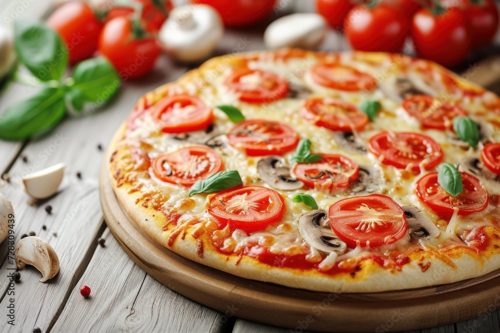 Fresh pizza with tomatoes, cheese and mushrooms on wooden table closeup 