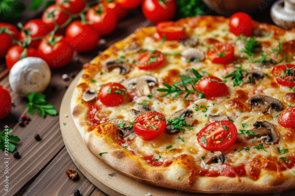 Fresh pizza with tomatoes, cheese and mushrooms on wooden table closeup 