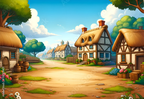 Storybook village square with inviting pathways and traditional country homes.
Generative AI. photo