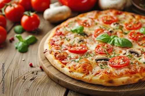 Fresh pizza with tomatoes, cheese and mushrooms on wooden table closeup