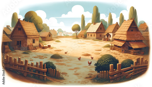 Storybook village square with inviting pathways and traditional country homes. Generative AI.