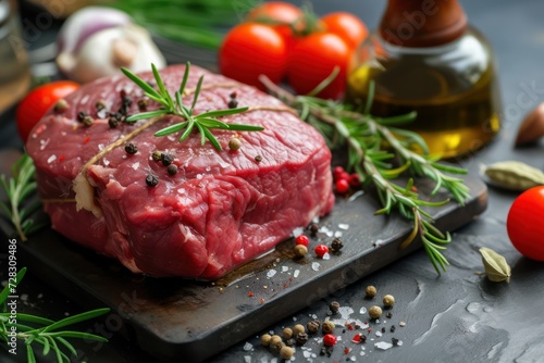 Fresh raw beef meat to make delicious juicy steak with spices and herbs. Preparation for grilled meat