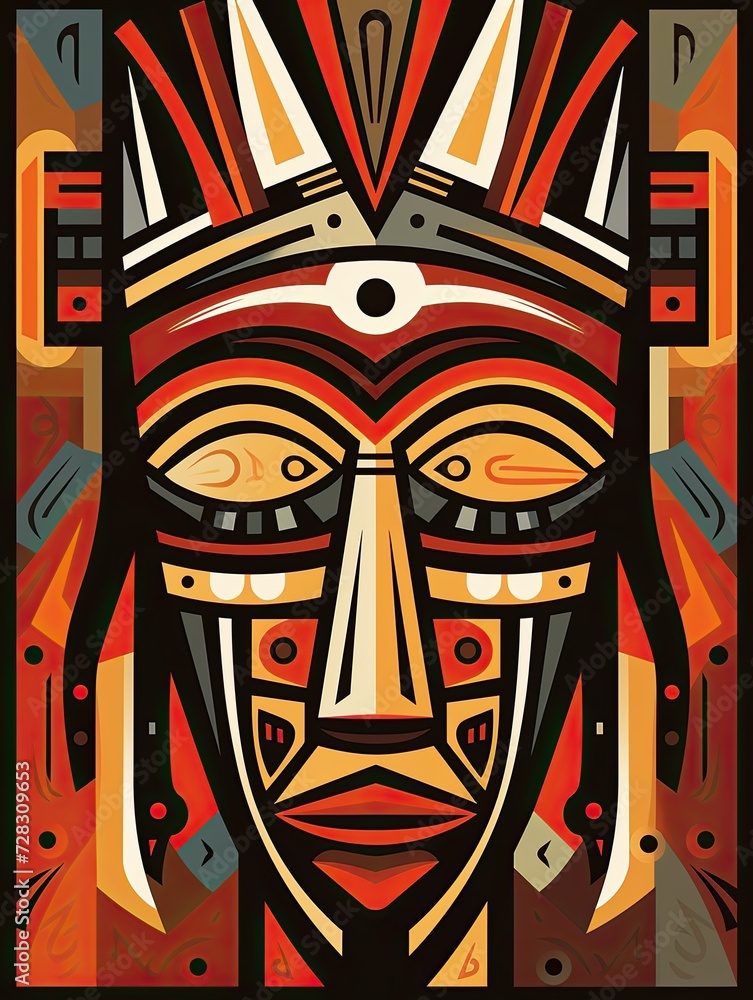 African Tribal Mask Designs: Abstract Landscape with Tribal Mask Abstraction