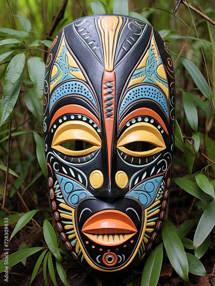 African Tribal Mask Designs: Vibrant Garden Scene Art with Tribal Herbs and Mask Motifs