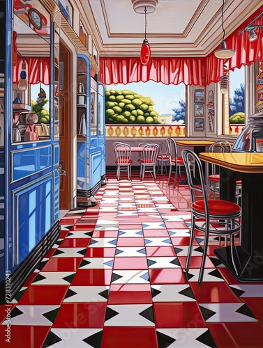 Classic American Diner: A Pathway Painting of Iconic Cars Adorning the Entrance photo