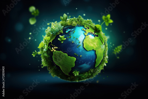 A creative and artistic representation of the Earth  enhanced with lush vegetation and leaves  symbolising the celebration of Earth Day and the importance of environmental conservation.