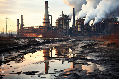 Industrial factories emit plumes of smoke into the evening sky next to a polluted waterway, highlighting environmental challenges. Concept of pollution and climate change. Fossil fuels