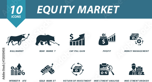 Equity market icons set. Creative icons: bull market, bear market, capital gain, profit, money management, interest rate, gold market, return of investment, investment analysis, investment broker.
