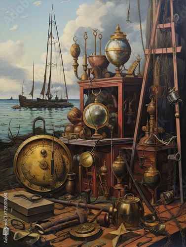 Antique Nautical Instruments Acrylic Landscape Art: Captivating Maritime Instruments Painted in Vivid Details