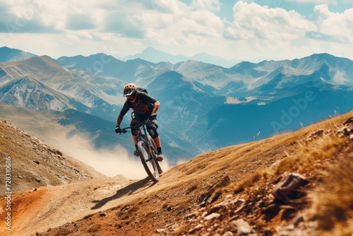 Mountain biker riding downhill in the mountains. 