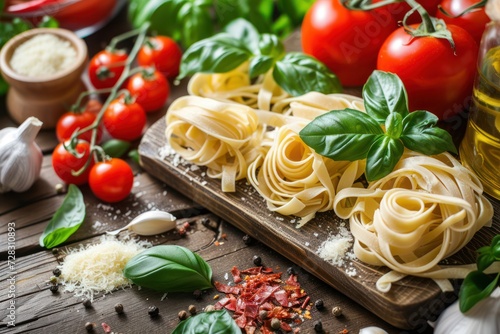 Pasta, cherry tomatoes, spices, herbs and other ingredients for the preparation of fresh delicious paste. 