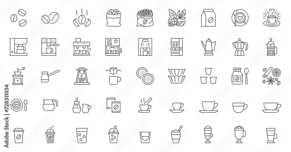 Coffee line icon set. Beans bag, roasting, turkish cezve, drip pods, percolator, chorreador, filters, capsules, espresso vector illustrations. Simple outline signs for cafe menu. Editable Stroke - obrazy, fototapety, plakaty 