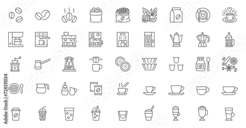 Coffee line icon set. Beans bag, roasting, turkish cezve, drip pods, percolator, chorreador, filters, capsules, espresso vector illustrations. Simple outline signs for cafe menu. Editable Stroke