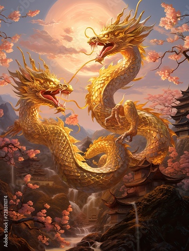 Golden Hour Glow: Stunning Asian Dragon Festival Art with Evening-Lit Dragons