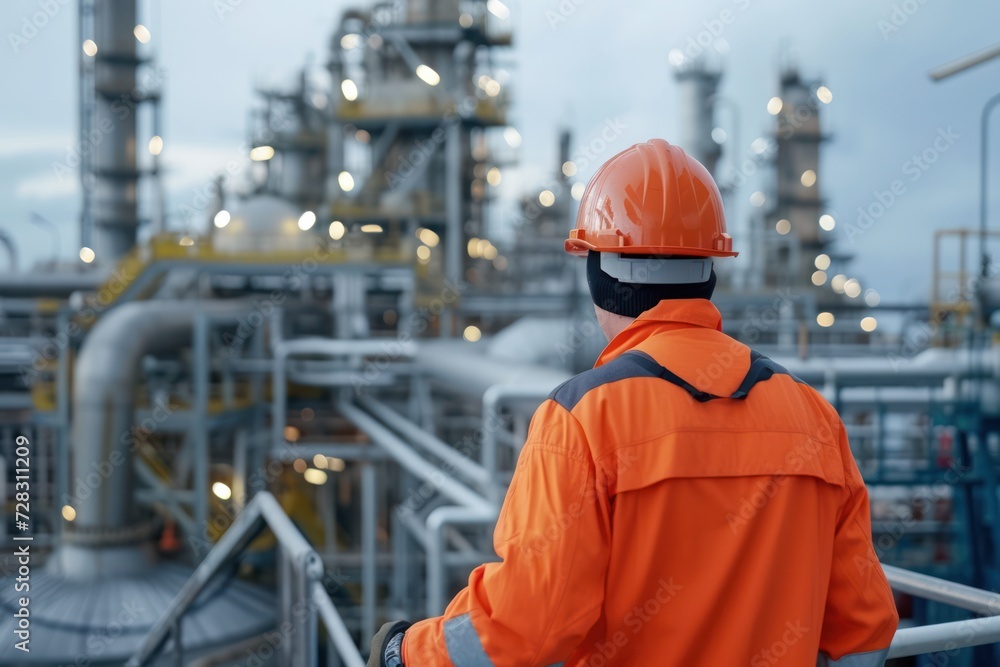 Rear view of engineer working on oil and gas factory. Rear view of engineer working on oil and gas factory.