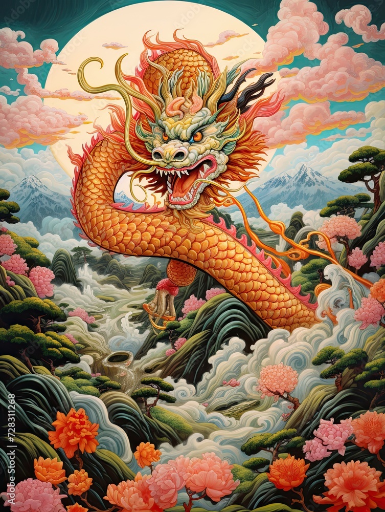 Obraz premium Asian Dragon Festival: Majestic Dragons Roaming Through Rolling Hills of Art