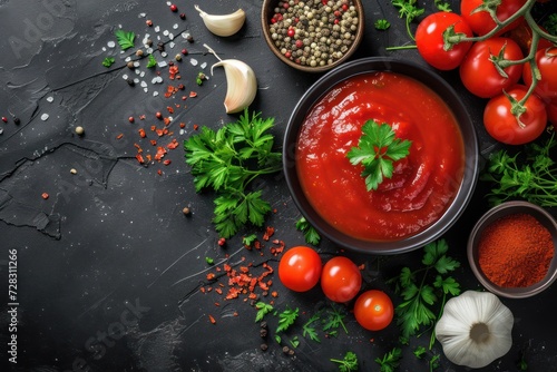Red sauce or ketchup in a bowl and ingredients for cooking, spices, garlic, tomatoes and herbs on a black background 