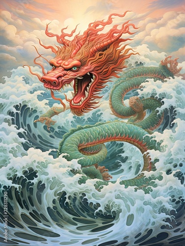 Dragons Soaring Over Ocean Waves - Asian Dragon Festival Seascape Art Print © Michael