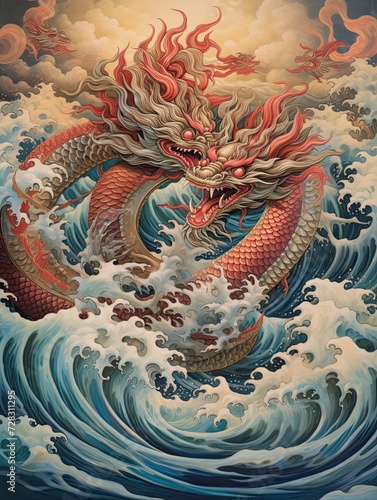 Asian Dragon Festival Art: Dragons Soaring over Sea: Seascape Art Print