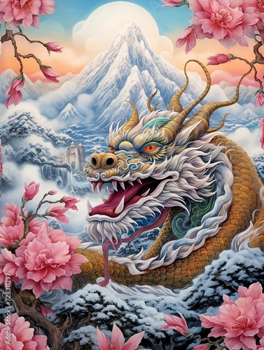 Frosty Dragon Festival: Snow-Capped Mountain Print with Dynamic Dragons against Icy Backdrops