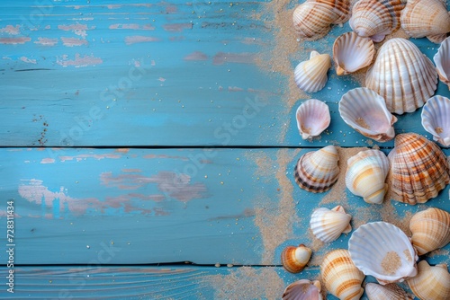 Seashells in the Sand on a blue weathered wood background 