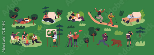 Tourists hiking, trekking, camping. Tiny people in backpacking travel, holiday trip, summer vacation adventure in nature. Campers, hiker, backpackers outdoors set. Isolated flat vector illustrations