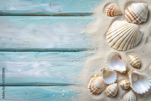 Seashells in the Sand on a blue weathered wood background 