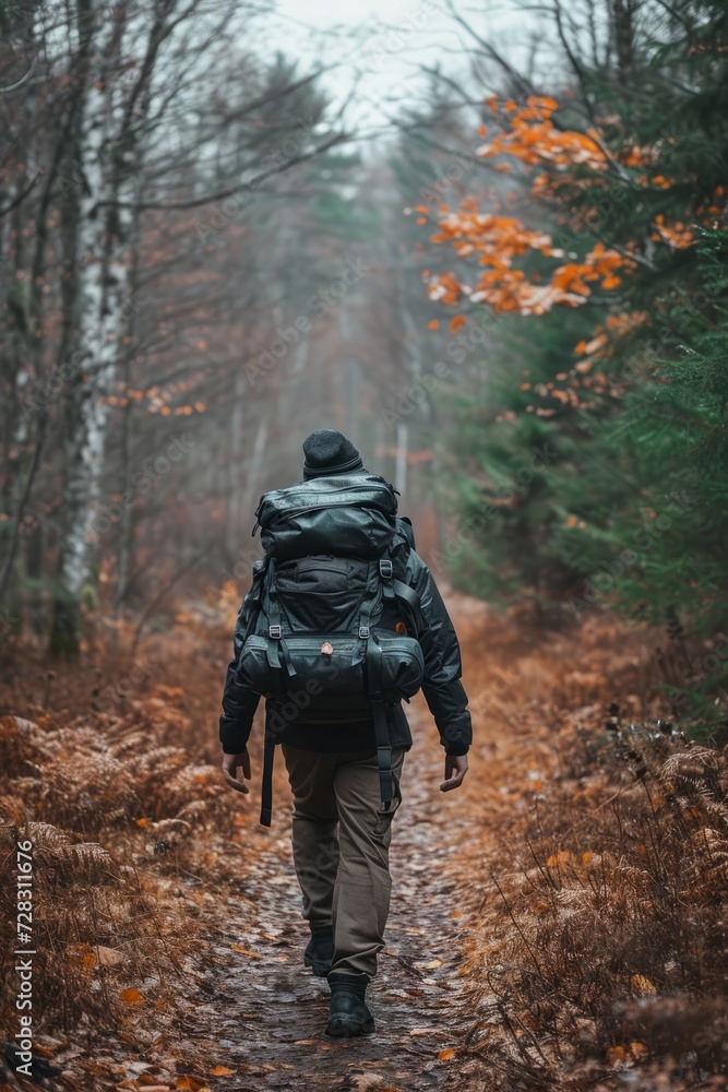 A lone hiker with backpack walks on an autumn forest path A lone hiker with backpack walks on an autumn forest path
