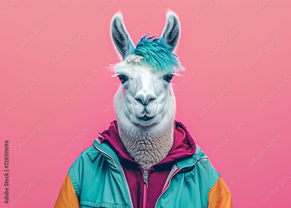 Obraz premium A fashion-forward llama confidently dons a stylish jacket against the iconic backdrop of lady liberty, showcasing the merging of nature and modernity