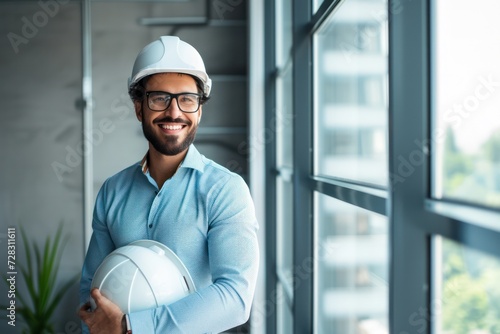 Smiling engineer holding hardhat and standing near window in office 