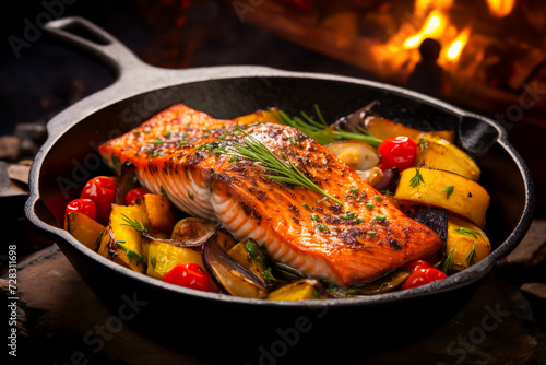 Close-up of cooked salmon fillet served with roasted vegetables, set on a cast-iron pan.