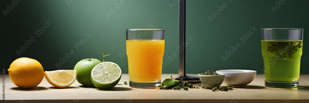 Healthy food:green tea, unsweetened fruit juice on the light wooden table. Perfect for website, blog, social media platform, restaurant, gym, exhibition, lecture, seminar, magazine, promotional event Healthy food:green tea, unsweetened fruit juice on the light wooden table. Perfect for website, blog, social media platform, restaurant, gym, exhibition, lecture, seminar, magazine, promotional event