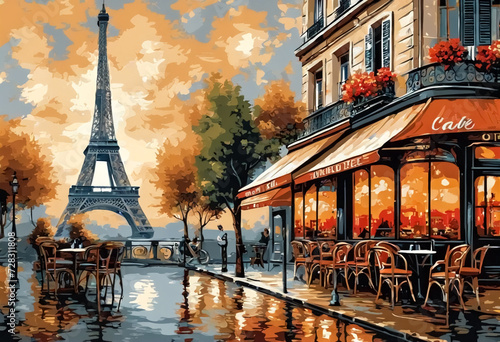 Tela Parigina- Splendido Dipinto di un Café francese con la Torre Eiffel III photo