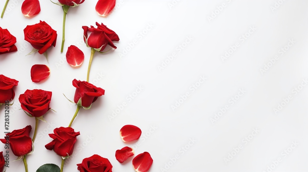 Valentine's Day banner with blank space for text top view on a white background with red rose Valentine's Day banner with blank space for text top view on a white background with red rose