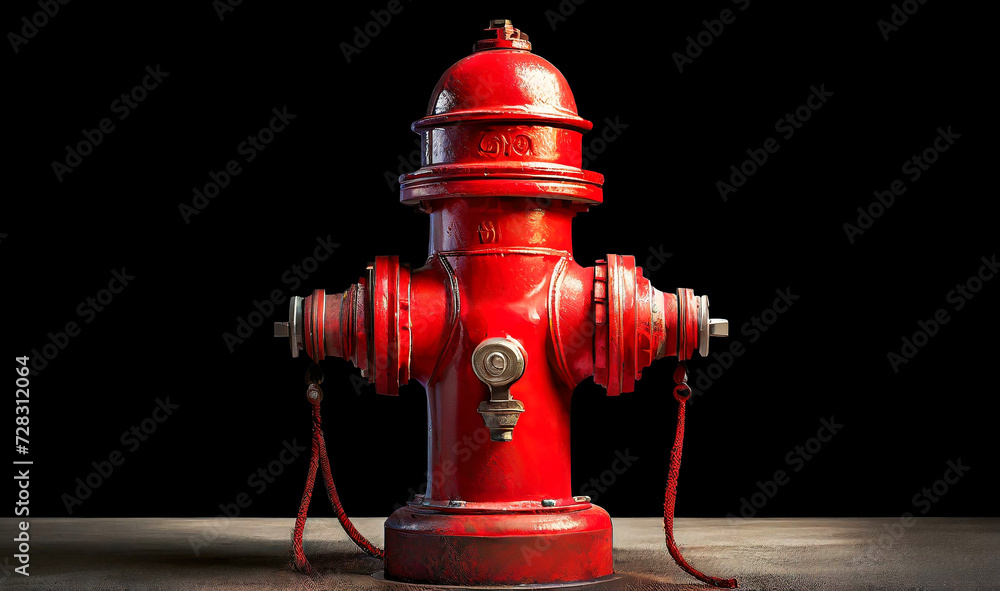 Closeup of a typical American red fire hydrant on a sidewalk and isolated on black background with copy space. Generative Ai. Closeup of a typical American red fire hydrant on a sidewalk and isolated on black background with copy space. Generative Ai.