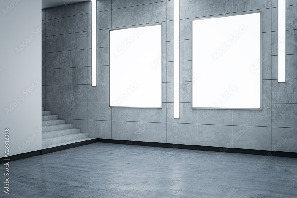 Modern grunge hallway interior with empty white mock up posters. Subway passage concept. 3D Rendering. Modern grunge hallway interior with empty white mock up posters. Subway passage concept. 3D Rendering.