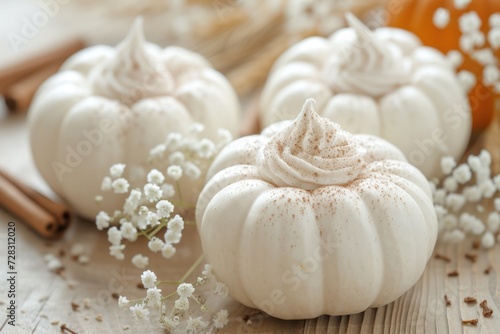 This is a close up photo of three white pumpkins with Babys Breath flowers on a wood table background with Pumpkin pie and cinnamon whip cream. 