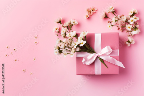 Pink gift box and white  flowers. Copy space. Congratulating card © bit24