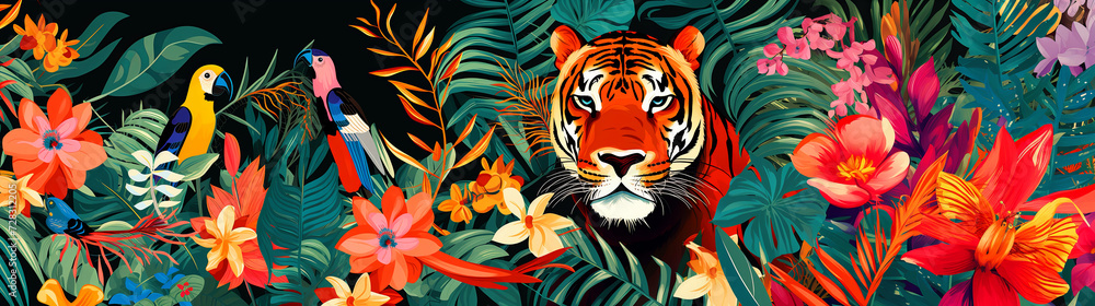 Tropical pattern with exotic flowers and tiger. Summer abstract panorama