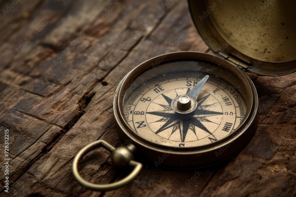 This is a close up photograph of a Antique Compasses on Old Wood 