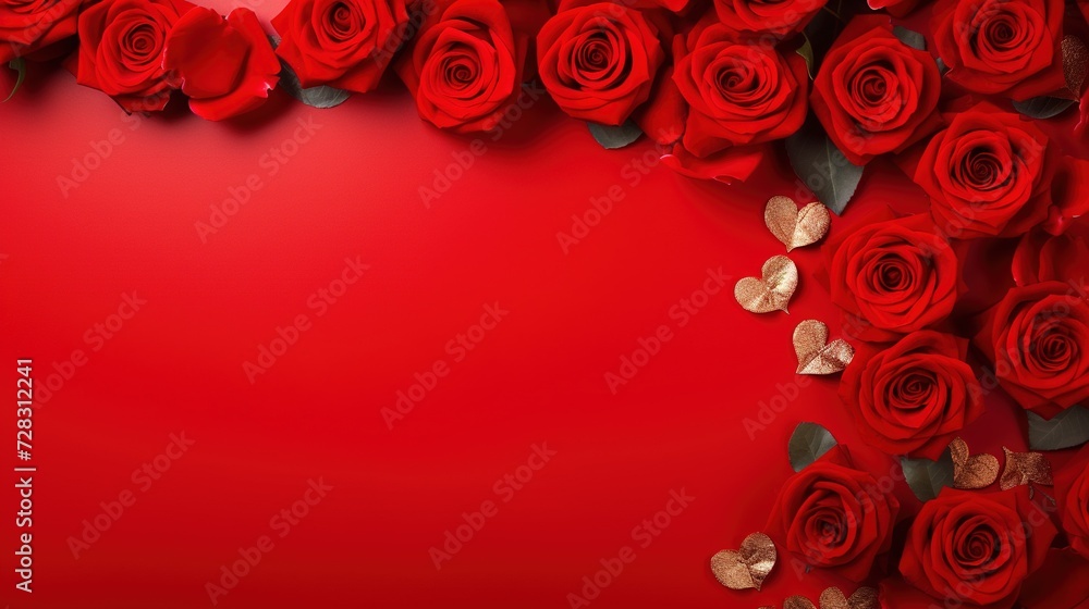 Valentine's Day banner with blank space for text top view red background with red rose and love background concep Valentine's Day banner with blank space for text top view red background with red rose and love background concep