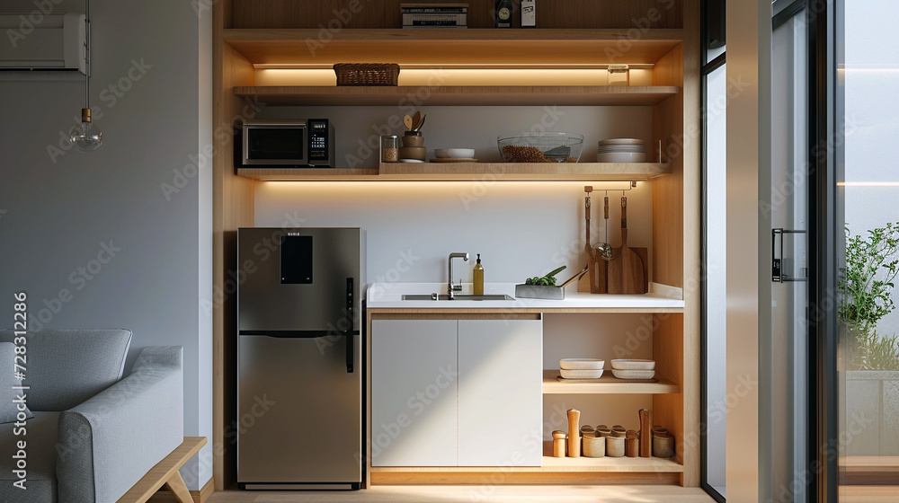 A compact, minimalist kitchenette with open shelving, a small fridge, and a clean, white backsplash. 