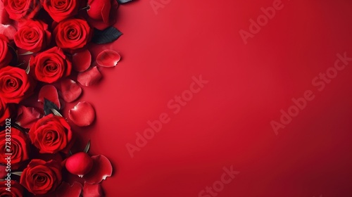 Valentine s Day banner with blank space for text top view red background with red rose and love background concep