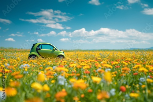 Small green electric car parked amidst a colorful field of wildflowers