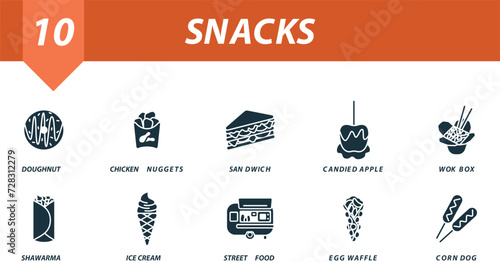 Snacks icons set. Creative icons: doughnut, chicken nuggets, sandwich, candied apple, wok box, shawarma, ice cream, street food, egg waffle, corn dog.