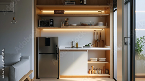 A compact, minimalist kitchenette with open shelving, a small fridge, and a clean, white backsplash.  © AI ARTS