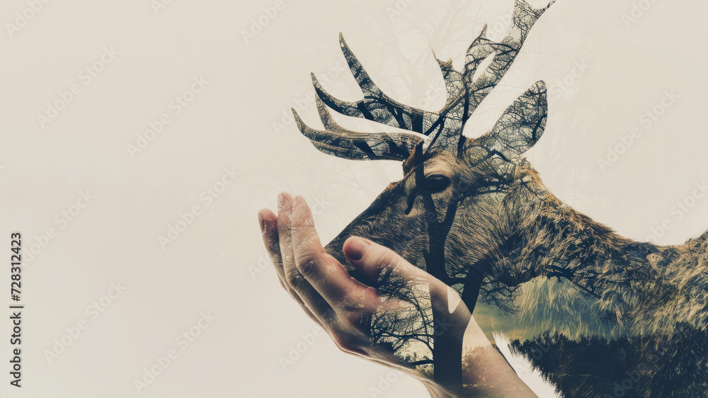 Fototapeta premium Hands holding the head of a deer. Wildlife rescue concept