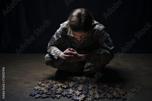 girl in a military uniform is sitting over a wooden puzzle, the concept of life after the war. psychological support.